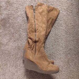 Nine West Tan Suede Knee-High Wedge Boots
